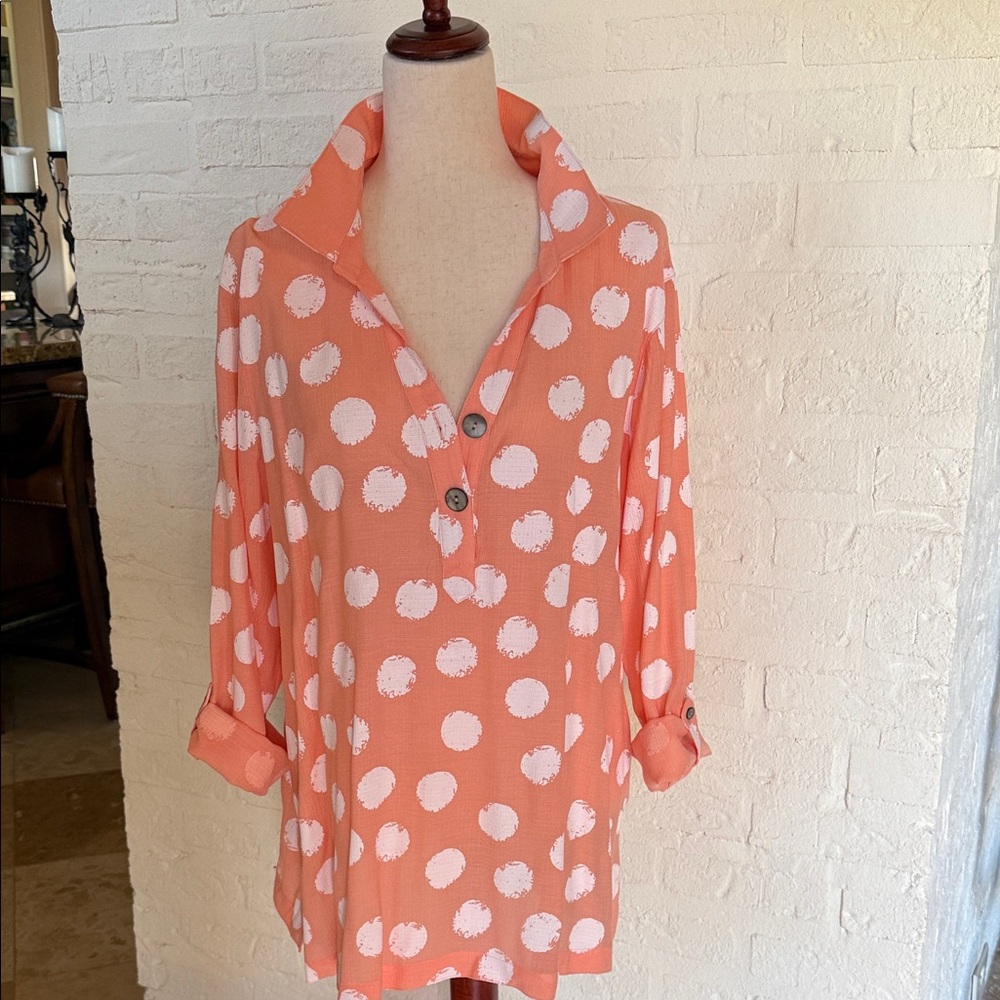 Ali Miles Orange Polka Dot Button-Down Shirt